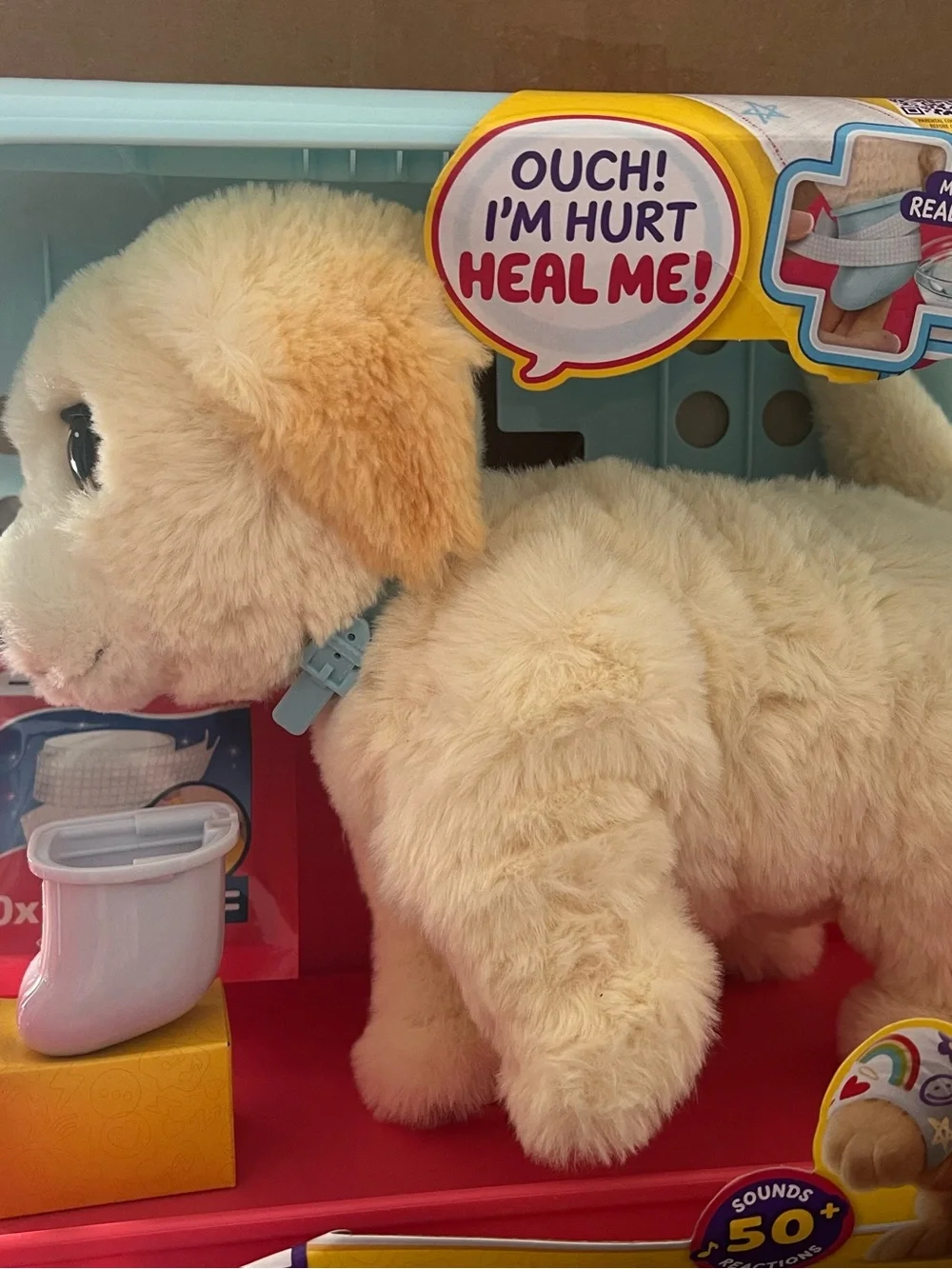 Plush Cream Puppy Toy with Light Blue Collar - Interactive Pet Plush
